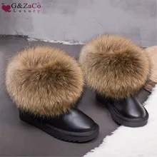 G& Zaco/Роскошные зимние ботинки; женские ботинки с натуральным лисьим мехом; водонепроницаемые ботинки из натуральной замши; черные короткие ботинки на плоской подошве