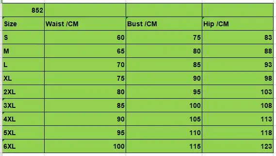 852 size table