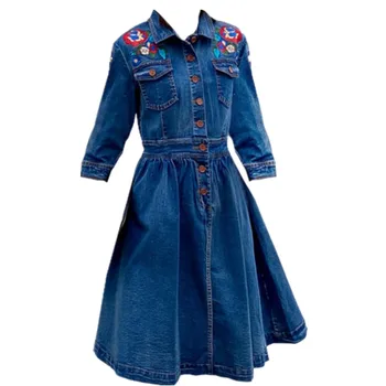 

2020 spring autumn vintage embroidered denim dress women lapel singe breasted slim jeans dress a-line