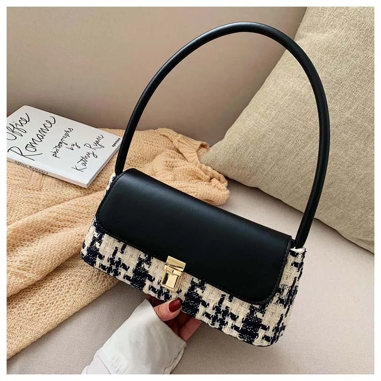 Winter Wool Plaid Small Shoulder Bag for Women Modern Handbags Mini Baguette Bags PU leather Lock Tote Black White Red Green Bag (3)
