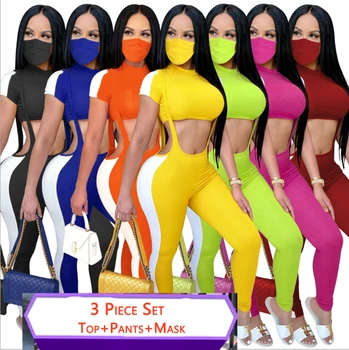 

Women Tracksuits Three Pieces Set Mask Crop Top Spaghetti Strap Pants 3 Pieces Set Ribbed Sports Suit Ladies Outdoor Wear
