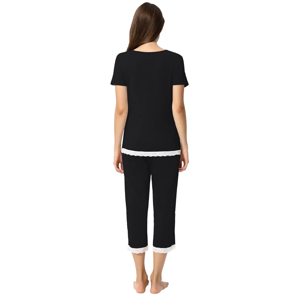 Women's 2pcs Set Comfy Modal Sleepwear Short Sleeve Tops+Cropped Pants summer comfortable stretch nightwear ladies Pajama sets