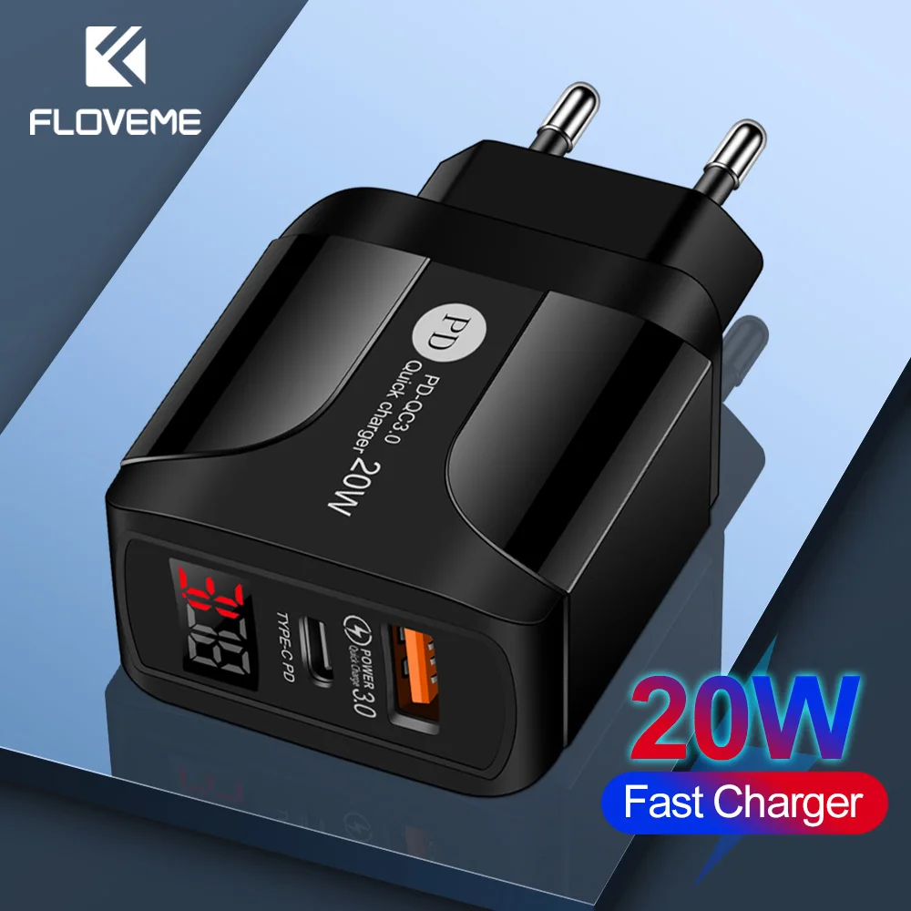 FLOVEME-cargador USB tipo C de 5V y 4A, carga rápida 3,0, 20W, PD, pantalla Digital, para iPhone, Samsung y Xiaomi