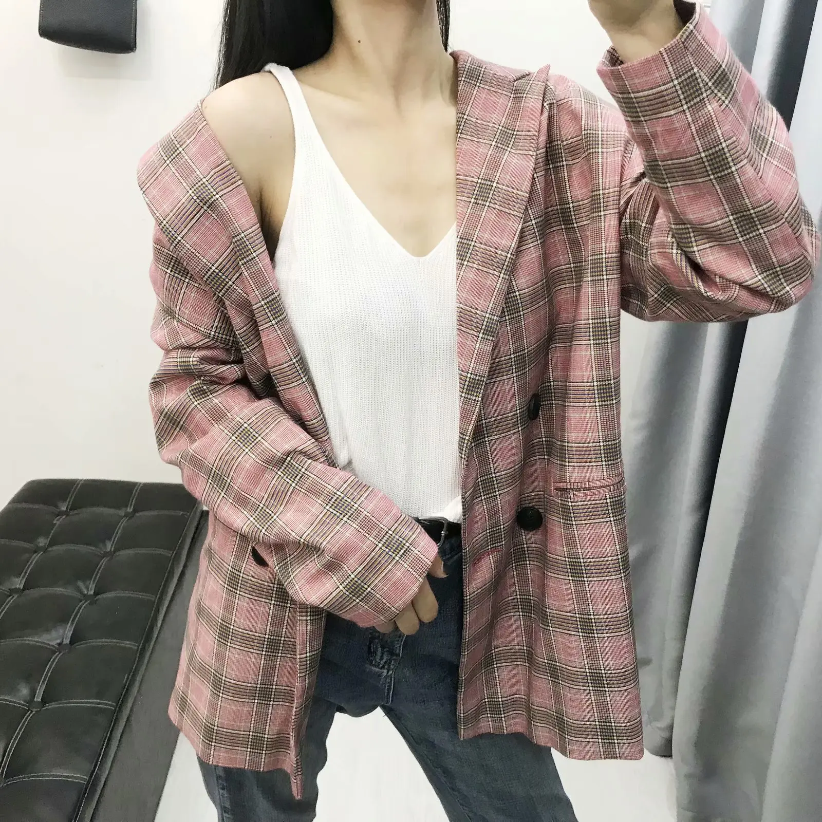 

F3441-Europe And America WOMEN'S Dress 19 Spring And Autumn New Style Retro Literature And Art-Style Double Breasted Plaid Suit