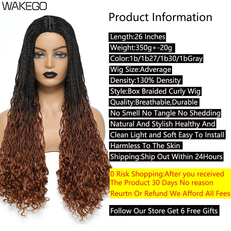 Wakego 26 Inch Knotless Braid Wig With Curly End DIY Braided Wigs Box Braids Wigs For Black Women Synthetic Curly Wig Daily Use