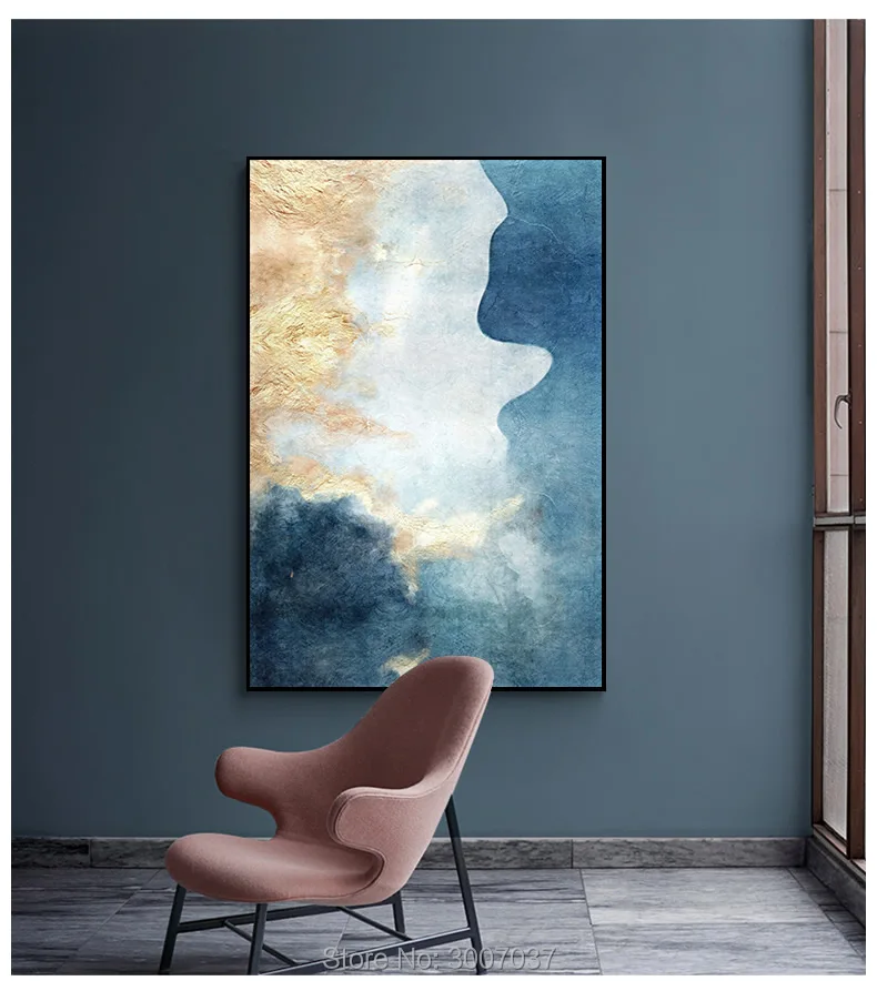 

Handmade Oil Painting on canvas Abstract golden and blue Canvas Painting wall art for Dining room home decor Wall art No Frame