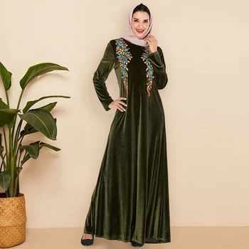 

Siskakia Winter Dress Army Green Velvet Floral Embroidery Plus Size Dresses Swing Long Sleeve Muslim Women Full Length Clothes