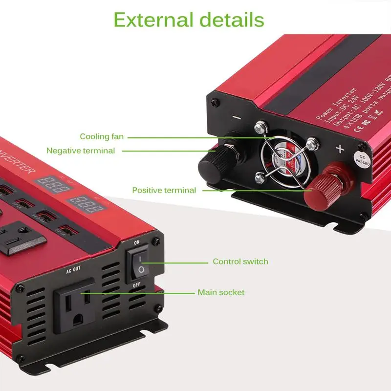 

4000W/5000W Solar Car Power Inverter LED DC12/24V To AC110/220V Sine Wave Converter 4 USB Interfaces