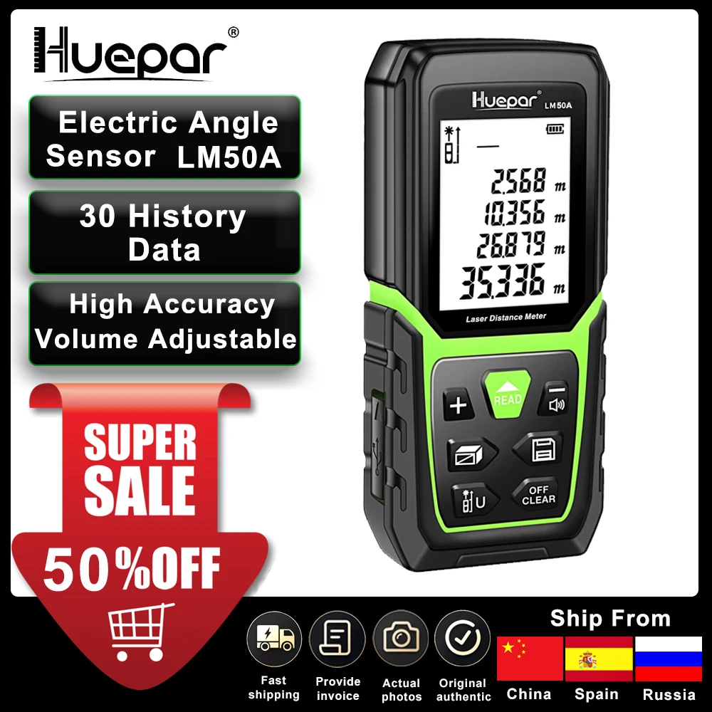 Huepar Medidor de distancia láser LCD, telémetro con batería de iones de  litio de 165 pies y 50M, Sensor de ángulo eléctrico, herramienta de regla  de dispositivo de medida|Accesorios y piezas para
