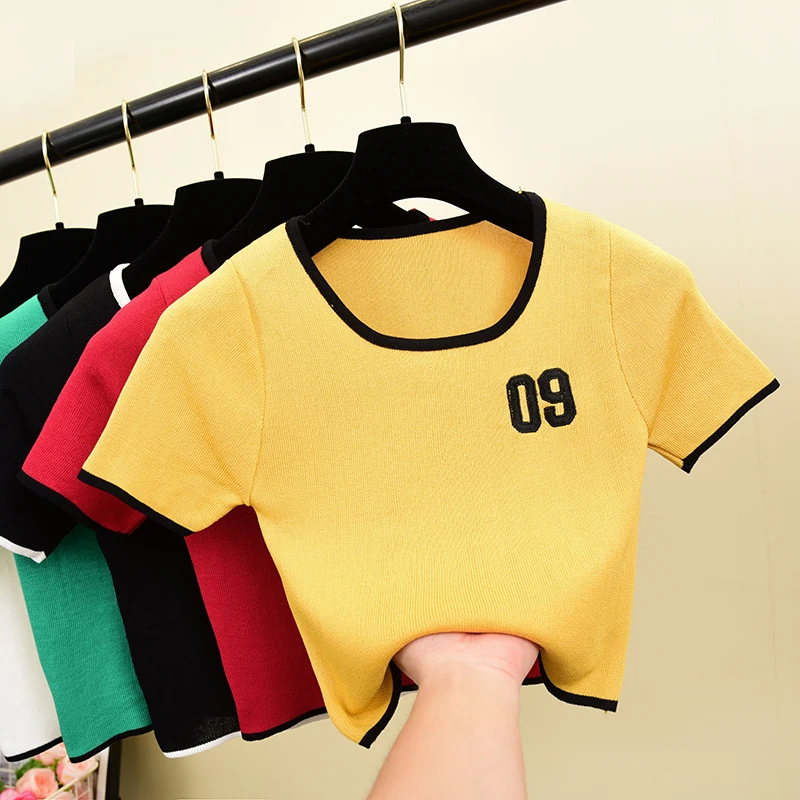 

Fashion Ladies Slim Summer Letter Print Knit T-Shirt Casual Women T Shirt Top Tee Harajuku Crop Tops Thin Short Sleeve Tshirt
