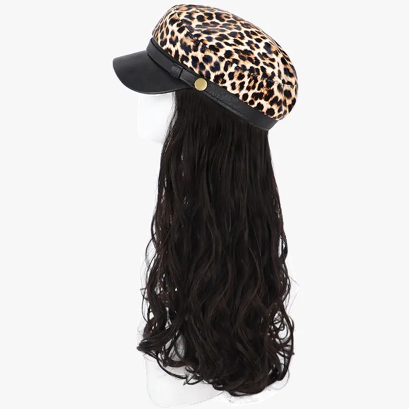 Прямая поставка, модный дизайн, женские леопардовые темно-синие Шапки, длинные волнистые волосы, парик, шапка, коричневый, черный, натуральные парики для женщин, девушек, Солнцезащитная шляпа