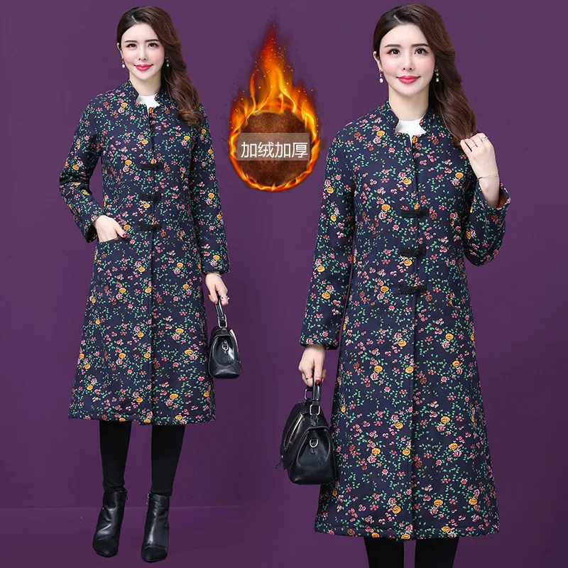 

Winter New Style Ethnic-Style WOMEN'S Dress Large Size Mid-length Cotton Linen Brushed And Thick Printed Warm Cotton Coat Trench