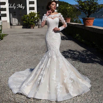 

Adoly Mey Gorgeous Appliques Court Train Lace Mermaid Wedding Dresses 2020 Scoop Neck Long Sleeve Trumpet Bridal Gown Plus Size