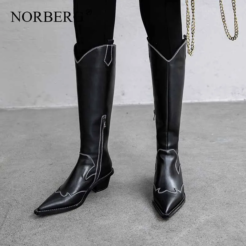 Genuine Leather boots women pointed toe chunky hight heel knight boots embroider retro style lady knee high boots black2019 new