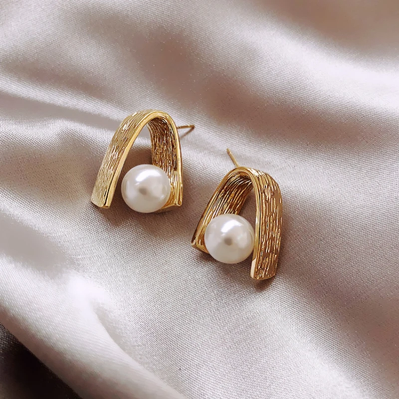 Korea Simple Metal Geometric Irregular Stud Earrings Temperament Simulated Pearl Boucle D'oreille Femme Girls Bijoux Jewelry | Украшения