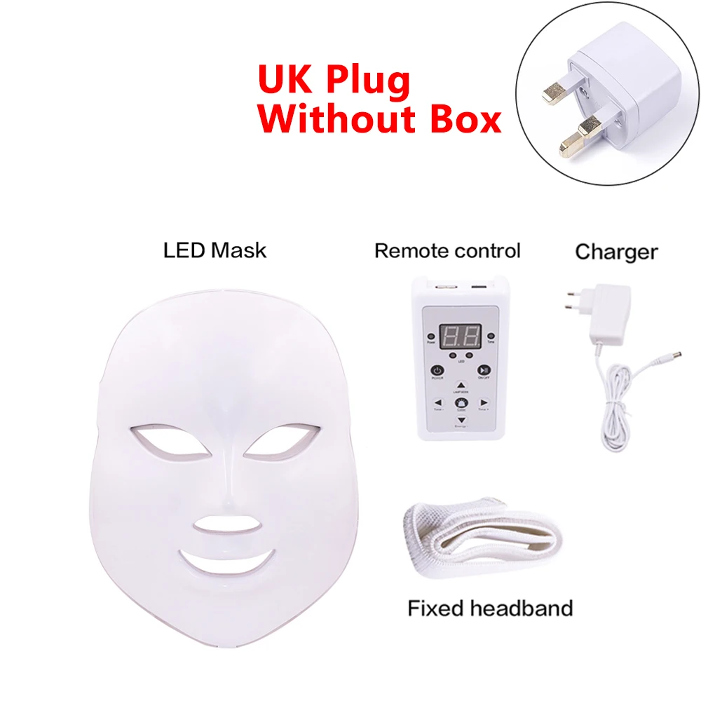 UK Plug no Box 7 цветов Светодиодная фотонная терапия маска для лица с шеей отбеливающая омоложение кожи против морщин, акне косметический аппарат спа для лица - Цвет: UK Plug no Box