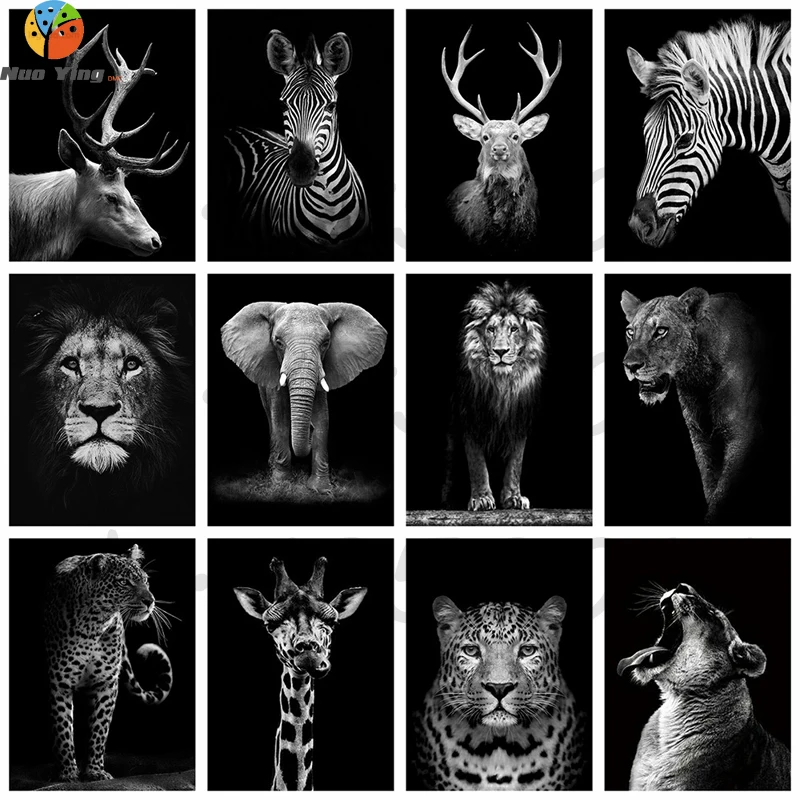 Black White Diamond Mosaic Elephant Giraffe Zebra Leopard 5D Animal Embroidery Full Round Drill Diy Painting | Дом и сад
