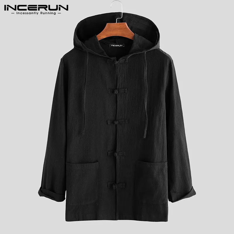Black Shirt INCERUN, Китайская традиционная рубашка, мужская, длинный рукав, хлопок, лен, повседневная, с капюшоном, на пуговицах, Ретро стиль, одноцветная, Hanfu, топы, мужские рубашки - Цвет: Black Shirt