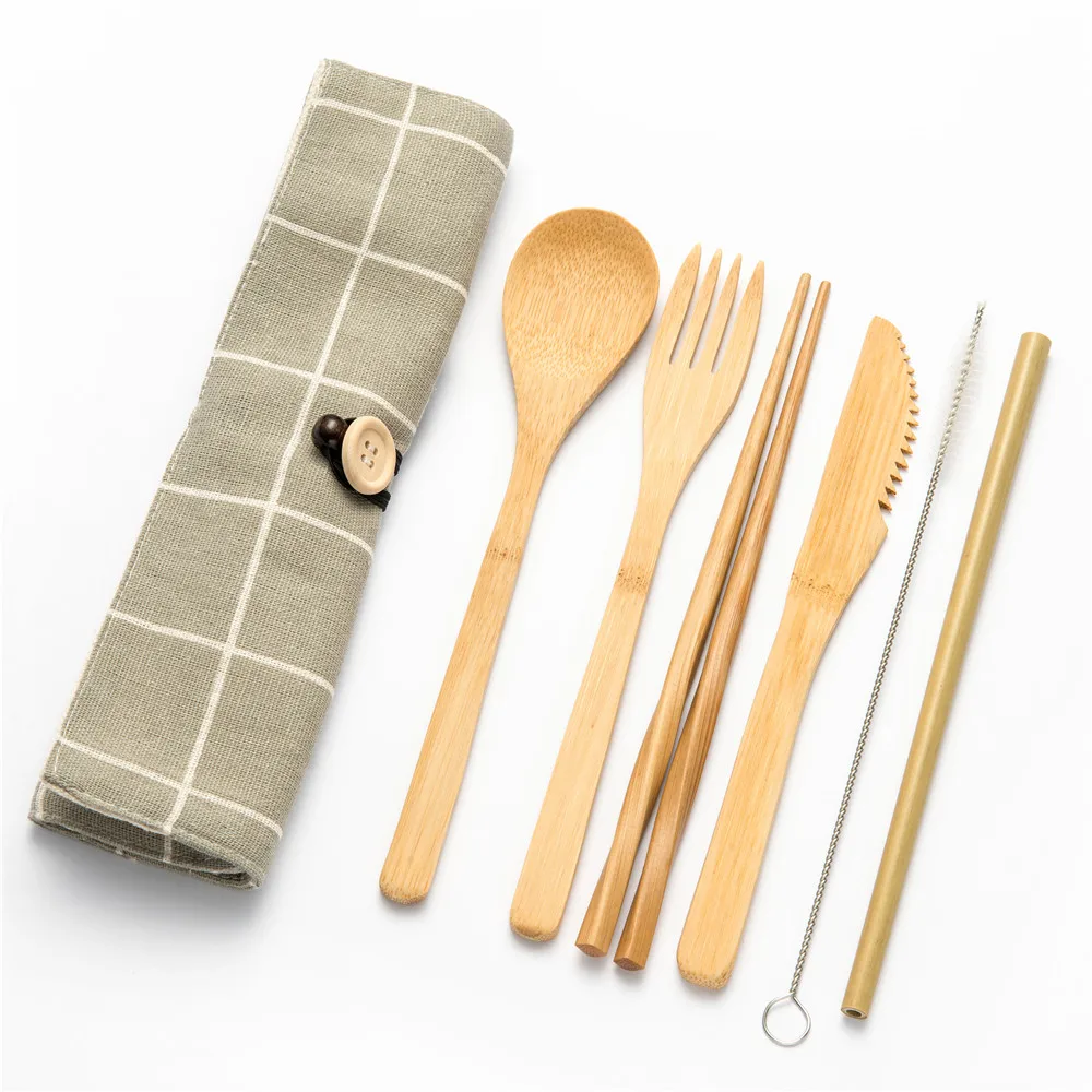 Eco-friendly Travel Reusable Portable Bamboo Cutlery Set Spoon Fork Chopstick Sets 6pcs/set Straw Kitchen Food Dinnerware Set - Цвет: 7pcs set002