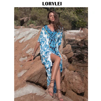 

2020 Blue Bohemian Printed Short Sleeve Side Split Cotton Summer Beach Dress Plus Size Women Beachwear Kaftan Maxi Dress A132