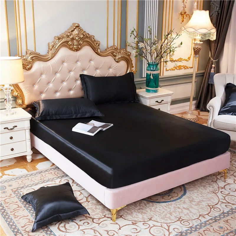 High-quality Smooth Satin Fitted Bed Sheet Queen Size Soft Skin-friendly Elastic Band Bedsheet Pillowcase Mattress Cover 1.5