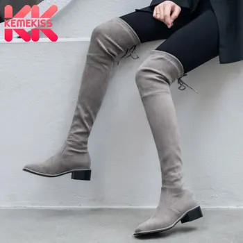 

KemeKiss Women Stretch Boots Lace Up Thick Heel Winter Shoes Woman Over Knee Boot Casual Daily Lady Office Footwear Size 34-39