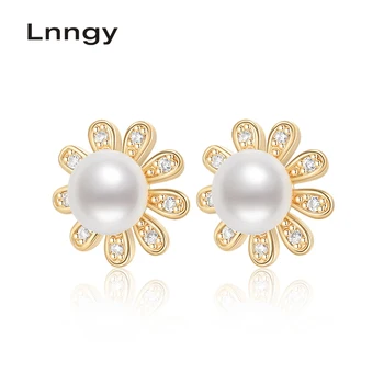 

Lnngy 14K Gold Filled 6.5-7mm Natural Cultured Freshwater Pearl Flower Stud Earrings Women Wedding Anniversary Fine Jewelry