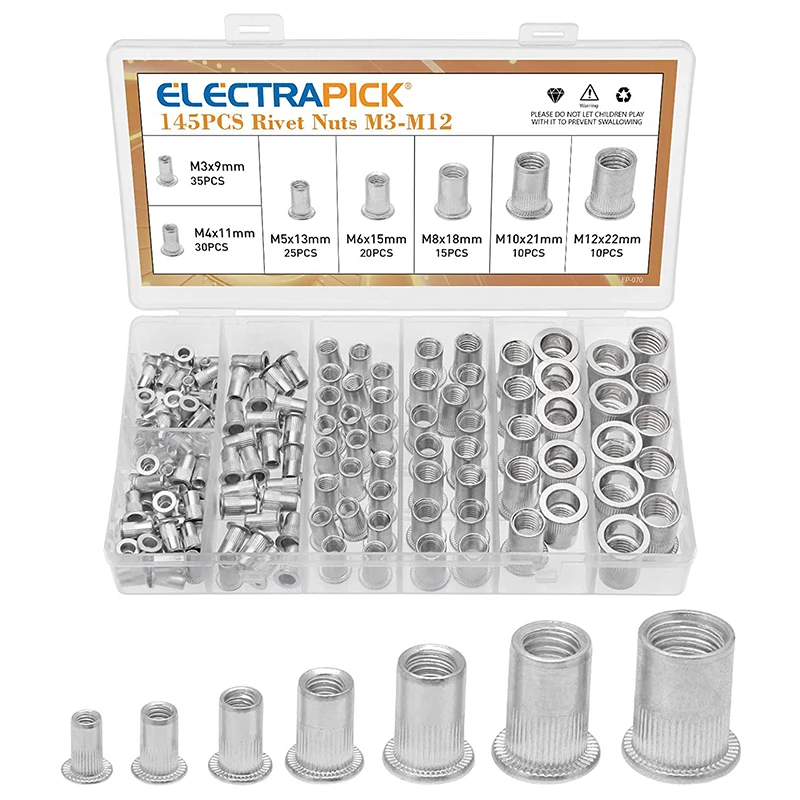 145Pcs Aluminum Rivet Nut M3 M4 M5 M6 M8 M10 M12 Blind Nuts Threaded
