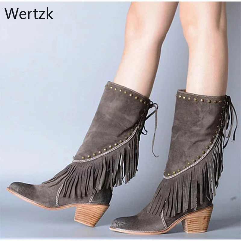 

New Woman Shoes Mid Calf Boots Vintage Tassel Rivet Women's Zipper PU Leather High Heels Female Fashion Platform Footwear A974