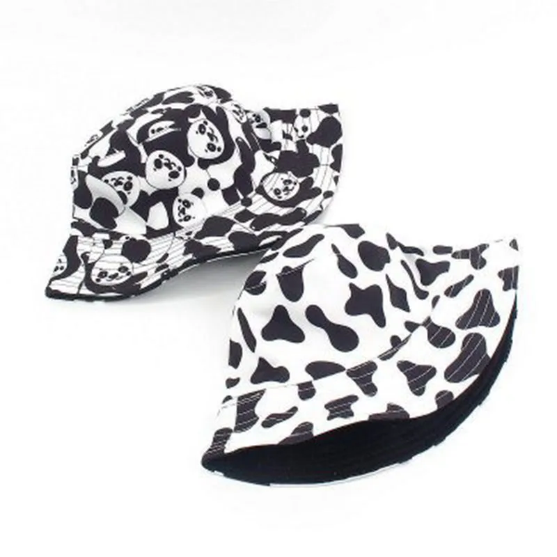2020 Fashion Cow Bucket Hats Black White Pattern Reversible Fisherman Caps for Women Men Summer Bucket Hats