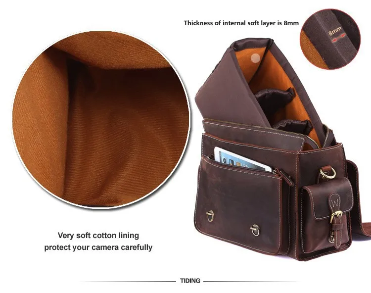 Men crazy horse genuine leather camera bag for Nikon for Canon multi pocket big capacity camera case Brown cowhide travel bag