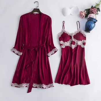 

Women Nighty&Robe Set Satin 2PCS Twinset Robe Suit Lace Sleepwear Intimate Lingerie Kimono Bathrobe Gown Sexy Home Clothes