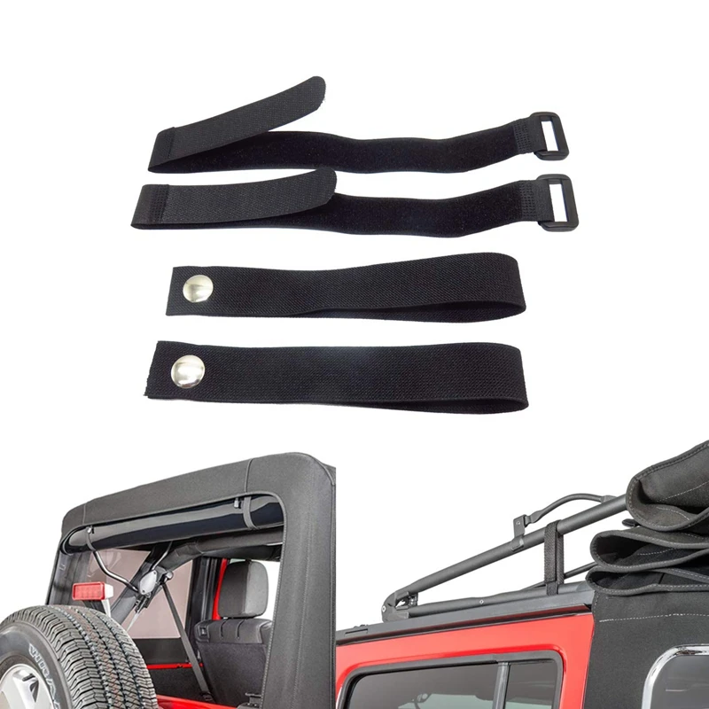 Black Rear Window Roll Up Snap Straps & Soft Top Straps for Jeep Wrangler 2007-2019 