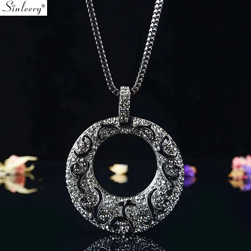 

SINLEERY Vintage Big Hollow Pattern Round Pendant Necklace Black Color Long Chain For Women Statement Necklace Jewelry MY097 SSB