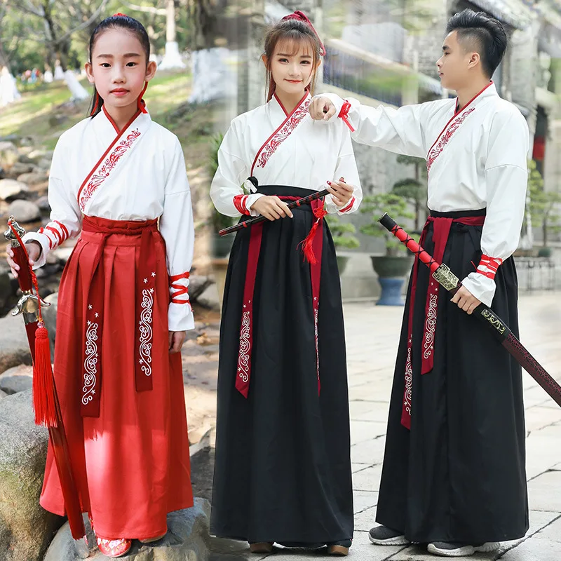 

2019 Parent-child Matching Outfit Chinese Clothing Embroidery Cross Collar Jacket Skirt Martial Arts-Style Couple Clothes Childr