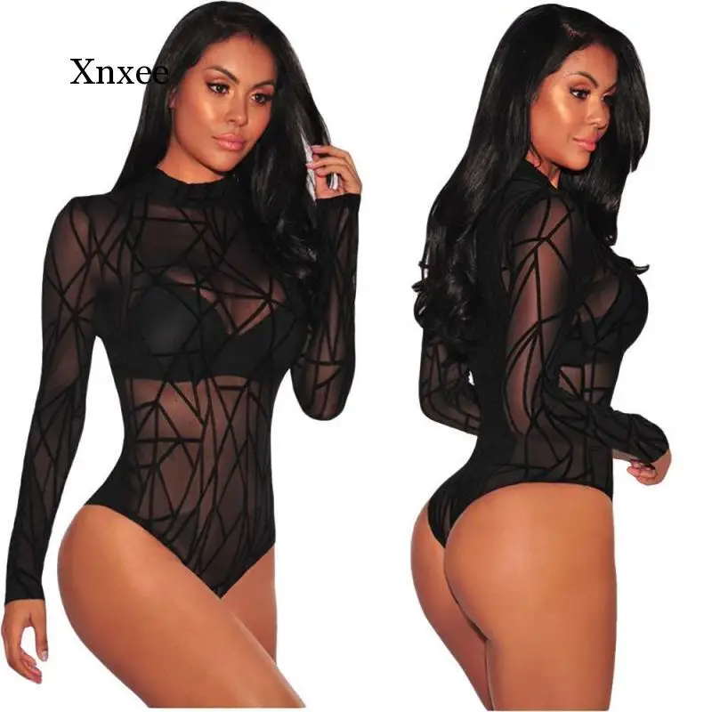 Женский прозрачный сетчатый комбинезон кружевной с длинным рукавом водолазка