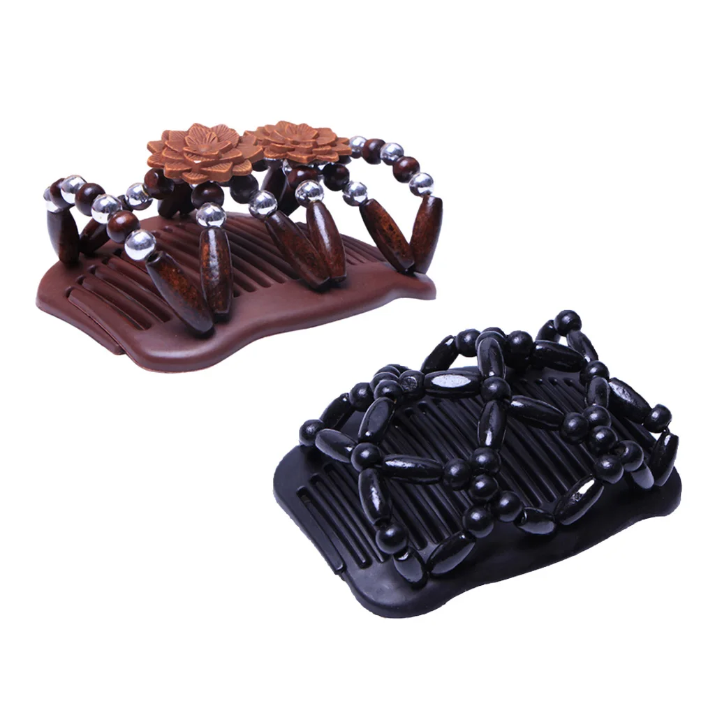 2Pcs Women Hair Slide Stretchy Double Hair Comb Clip Wood Beads Hair Styling