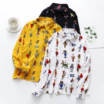 

Vintage Blouse Women 2019 Autumn Casual College Wind Cartoon Print Lapel Shirt Loose Single-breasted Long Sleeve Blouse