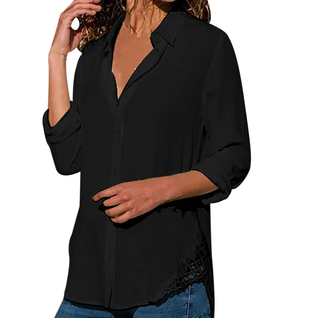 Women T-Shirt Long Sleeve Lace Patchwork Turn Down Collar Harajuku Tshirt Ladies Tops Black Tee Female SJ4695X | Женская одежда