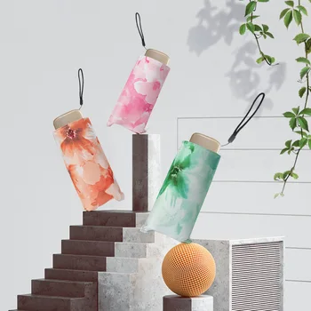 

Ultra-light portable women sunny and rainy umbrella five-folding flat-handle black coating sunscreen and UV protection umbrella