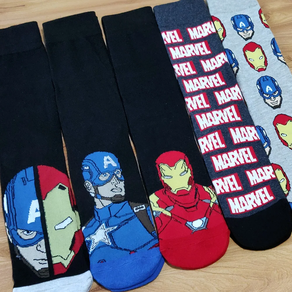 

5Pairs Marvel Comics Hero General Socks cartoon Iron Man Captain America Knee-High Warm Stitching pattern increase size Big Sock