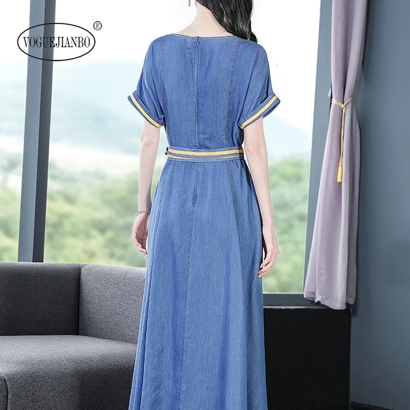 Tencel, джинсовое платье для женщин, весна, новинка, темперамент, круглый вырез, тонкое платье, vestidos de verano, сексуальное женское платье, Ретро стиль