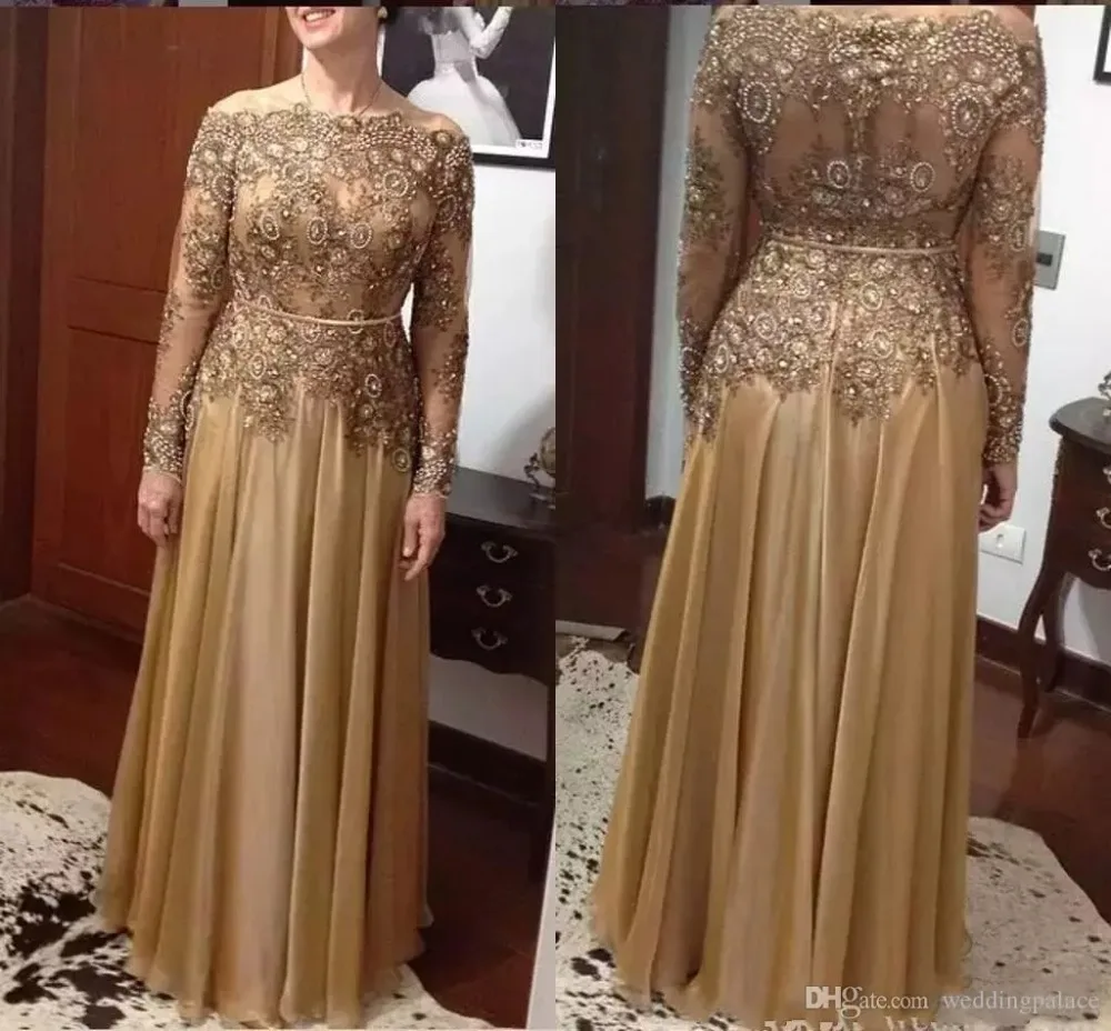 

Chiffon Floor-length Zipper Back Mother's Formal Evening party gown Elegant Gold A Line Lace Bead Mother of the Bride Dresses