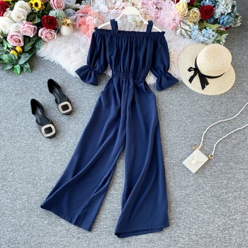 

2020 Fashion Women's Off Shoulder Solid Casual Loose Playsuit Short Sleeve Jumpsuit Romper Sling-neck one-piece wide-leg pants