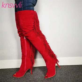 

New Sexy High Heel Over The Knee Boots Women Red Tassels Peep Toe Runway Long Boots Stiletto Fringed Thigh High Boots Woman