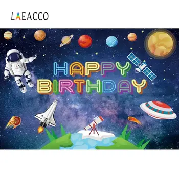 

Laeacco Spaceship Planet Astronaut Baby Birthday Party Cartoon Poster Photography Background Photo Backdrop For Photo Studio