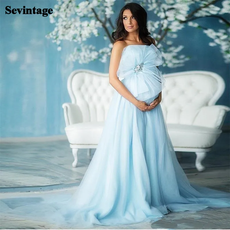 

Sevintage Strapless Maternity Woman Photo Shoots Dress Empire Pregnant Evening Dress Tulle Long Train Prom Party Gowns Pricess