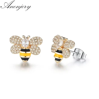 

ANENJERY Dazzling CZ Zircon Glaze Drop Oil Bee Stud Earrings For Women Girl Jewelry pendientes oorbellen brincos T-E19