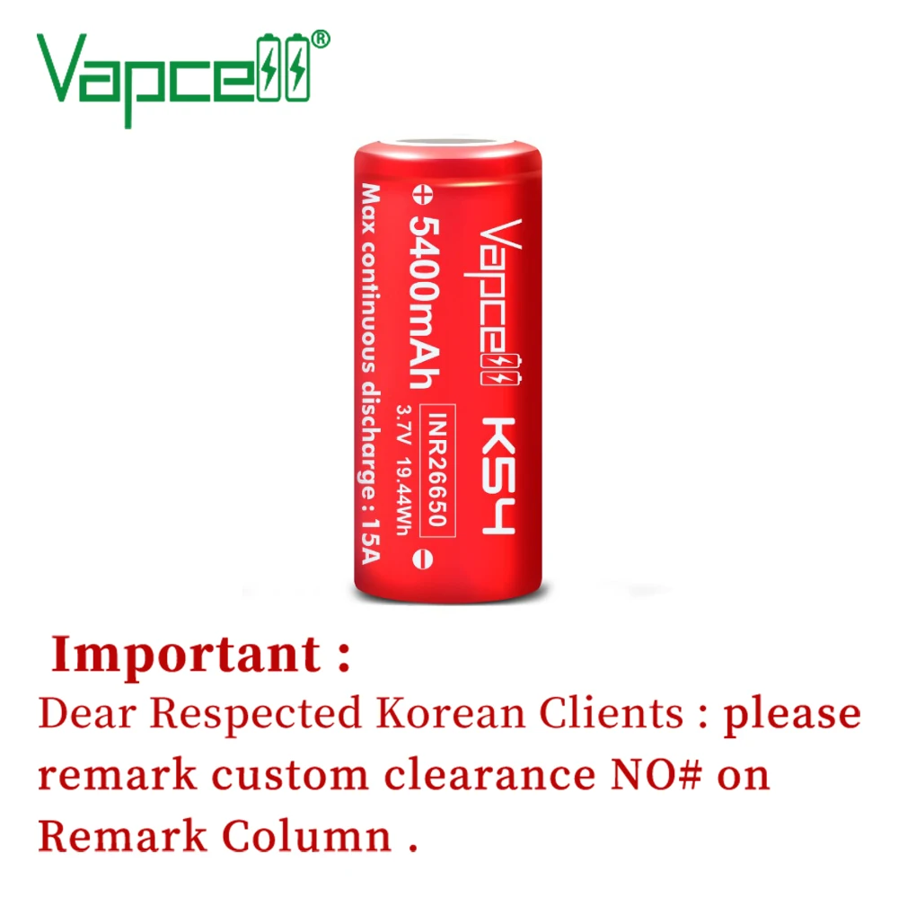 Оригинальный литий-ионный аккумулятор VapCell INR 26650 5400 мАч 15 А K54 3 7 в аккумуляторная
