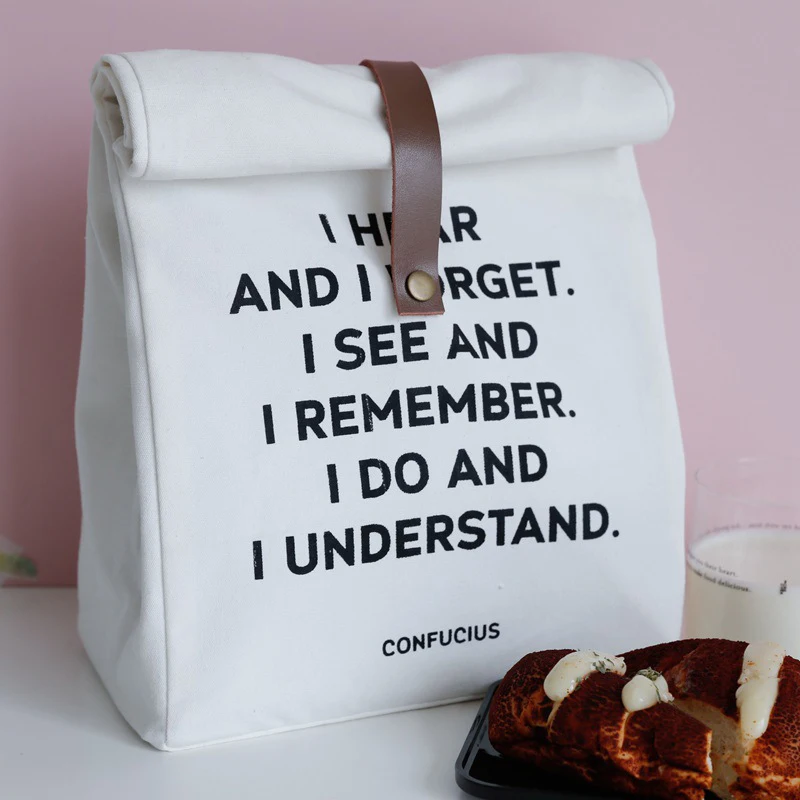 

Canvas + Insulation + Leather Nordic Style Insulation Bag With English Letters Fruits Food Storage Organizer